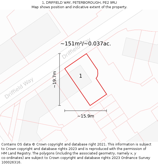 1, DRIFFIELD WAY, PETERBOROUGH, PE2 9RU: Plot and title map