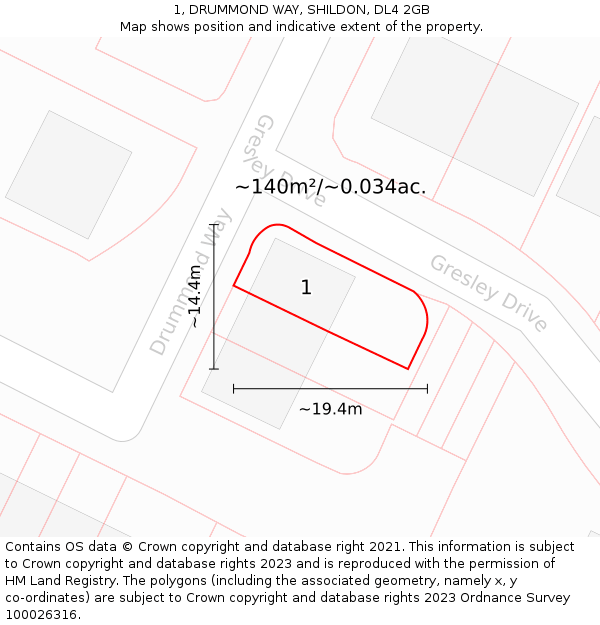 1, DRUMMOND WAY, SHILDON, DL4 2GB: Plot and title map