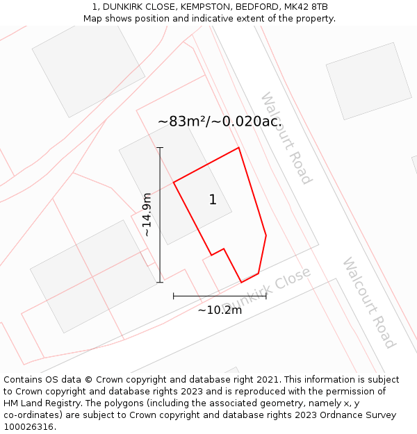 1, DUNKIRK CLOSE, KEMPSTON, BEDFORD, MK42 8TB: Plot and title map