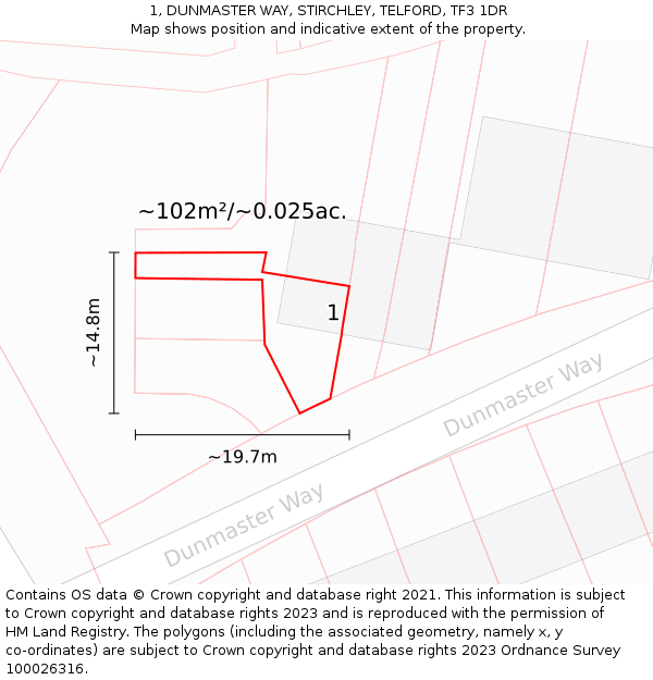 1, DUNMASTER WAY, STIRCHLEY, TELFORD, TF3 1DR: Plot and title map