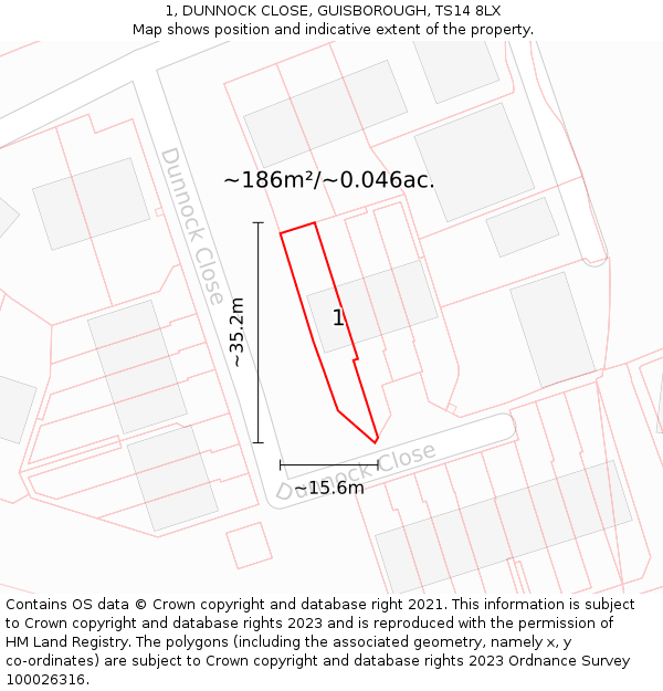 1, DUNNOCK CLOSE, GUISBOROUGH, TS14 8LX: Plot and title map