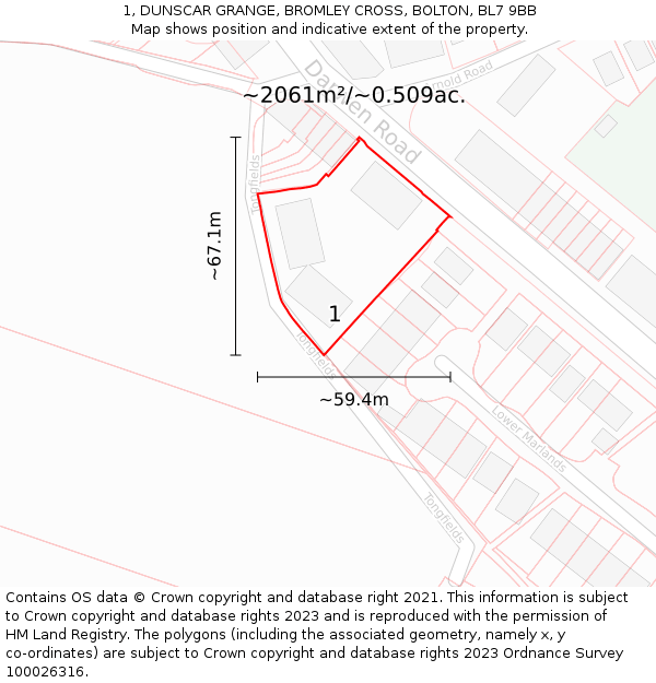 1, DUNSCAR GRANGE, BROMLEY CROSS, BOLTON, BL7 9BB: Plot and title map