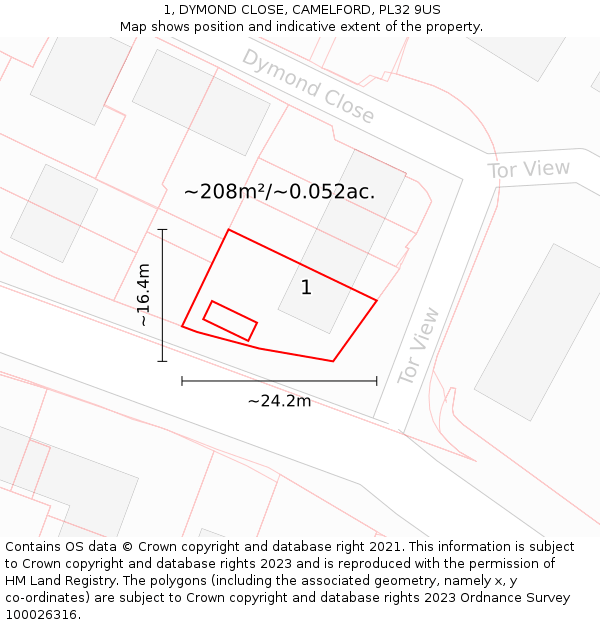 1, DYMOND CLOSE, CAMELFORD, PL32 9US: Plot and title map