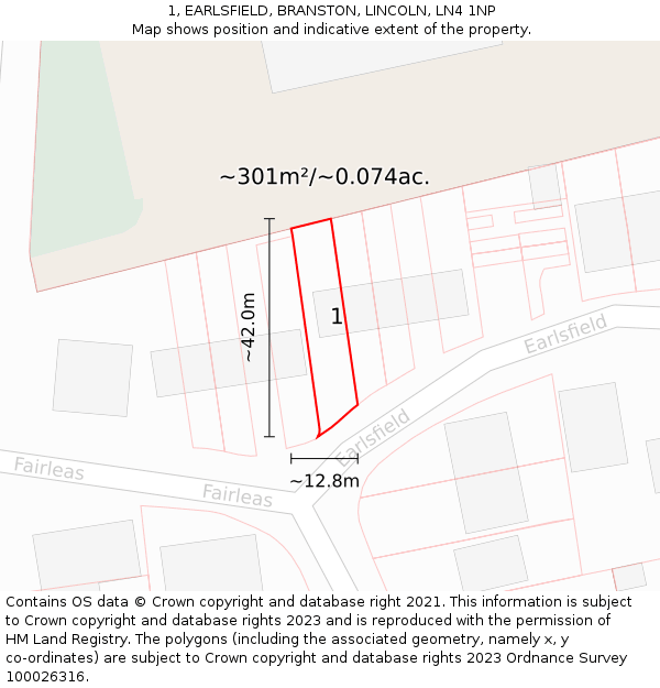 1, EARLSFIELD, BRANSTON, LINCOLN, LN4 1NP: Plot and title map