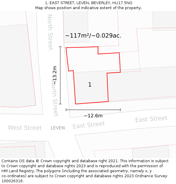 1, EAST STREET, LEVEN, BEVERLEY, HU17 5NG: Plot and title map