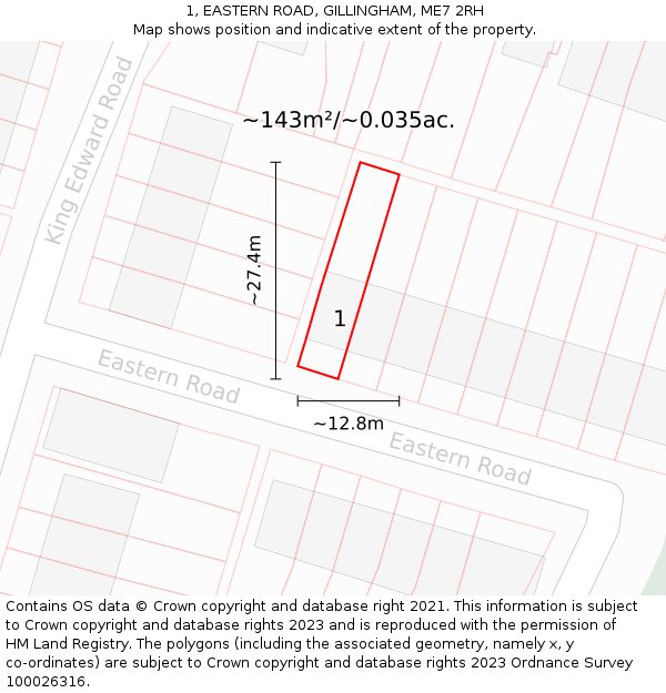 1, EASTERN ROAD, GILLINGHAM, ME7 2RH: Plot and title map
