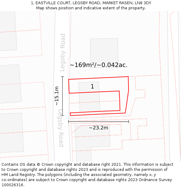 1, EASTVILLE COURT, LEGSBY ROAD, MARKET RASEN, LN8 3DY: Plot and title map