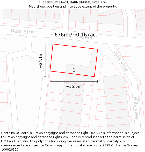 1, EBBERLEY LAWN, BARNSTAPLE, EX32 7DH: Plot and title map