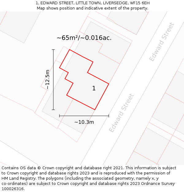 1, EDWARD STREET, LITTLE TOWN, LIVERSEDGE, WF15 6EH: Plot and title map