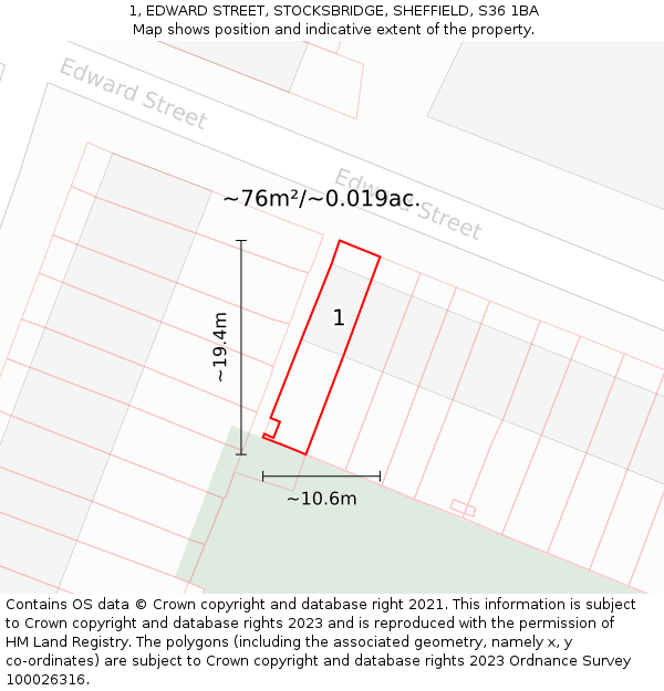 1, EDWARD STREET, STOCKSBRIDGE, SHEFFIELD, S36 1BA: Plot and title map
