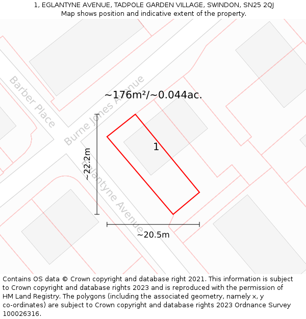 1, EGLANTYNE AVENUE, TADPOLE GARDEN VILLAGE, SWINDON, SN25 2QJ: Plot and title map
