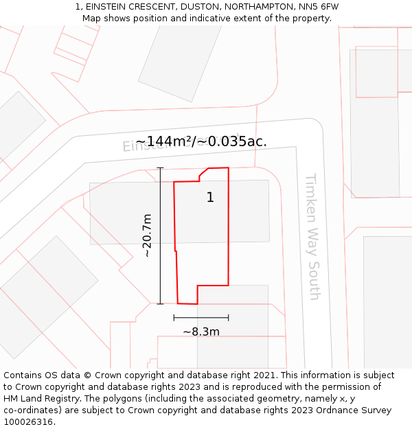 1, EINSTEIN CRESCENT, DUSTON, NORTHAMPTON, NN5 6FW: Plot and title map