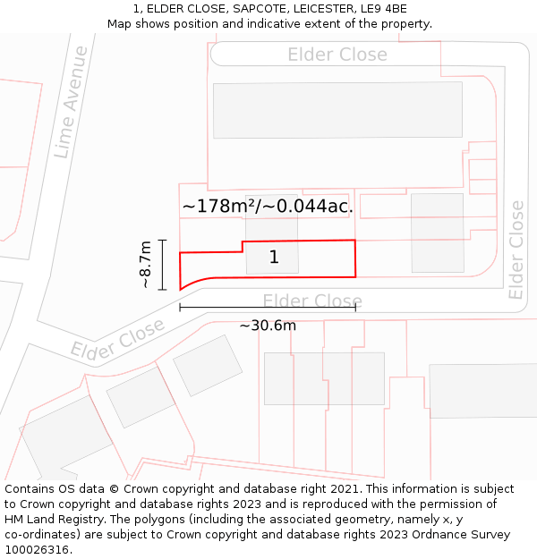 1, ELDER CLOSE, SAPCOTE, LEICESTER, LE9 4BE: Plot and title map