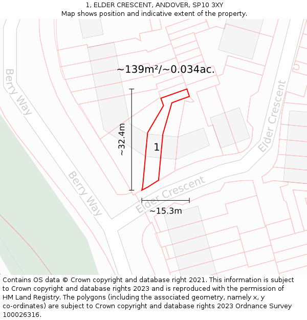 1, ELDER CRESCENT, ANDOVER, SP10 3XY: Plot and title map