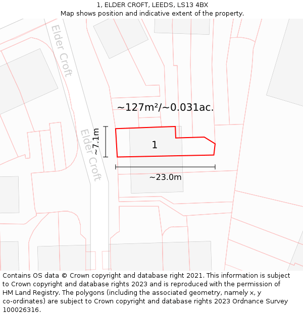 1, ELDER CROFT, LEEDS, LS13 4BX: Plot and title map