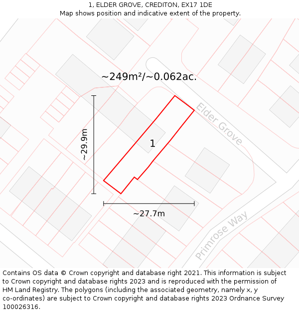 1, ELDER GROVE, CREDITON, EX17 1DE: Plot and title map