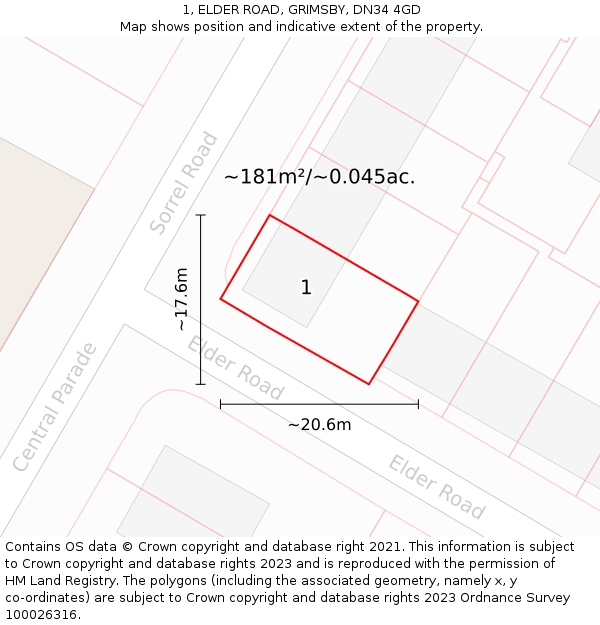 1, ELDER ROAD, GRIMSBY, DN34 4GD: Plot and title map