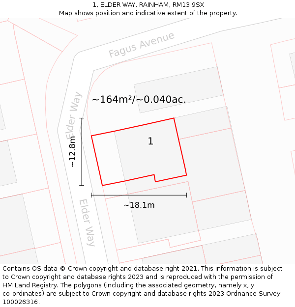 1, ELDER WAY, RAINHAM, RM13 9SX: Plot and title map