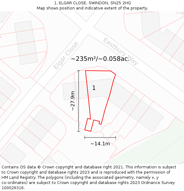 1, ELGAR CLOSE, SWINDON, SN25 2HG: Plot and title map
