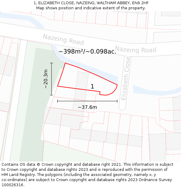 1, ELIZABETH CLOSE, NAZEING, WALTHAM ABBEY, EN9 2HF: Plot and title map