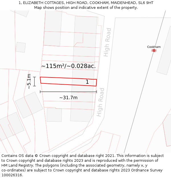 1, ELIZABETH COTTAGES, HIGH ROAD, COOKHAM, MAIDENHEAD, SL6 9HT: Plot and title map