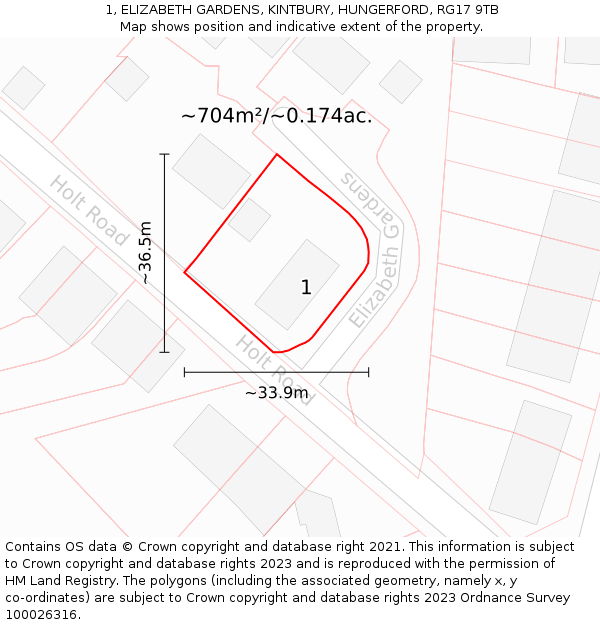1, ELIZABETH GARDENS, KINTBURY, HUNGERFORD, RG17 9TB: Plot and title map
