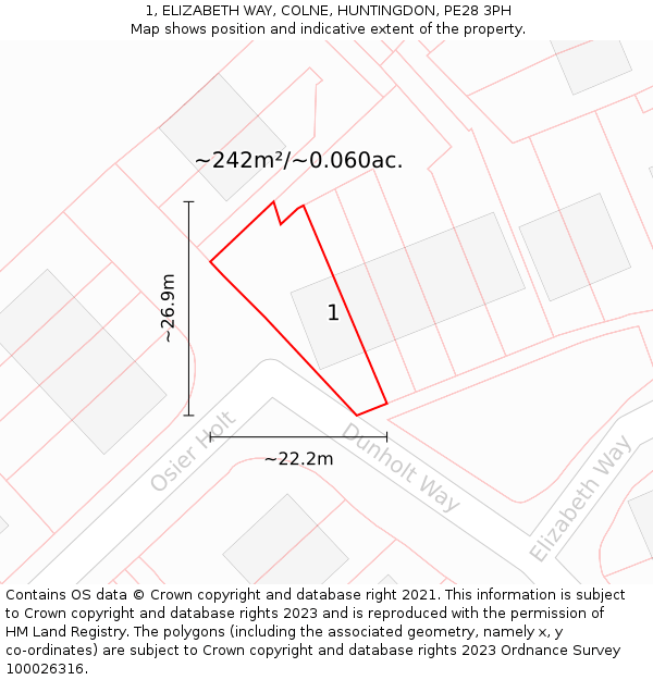 1, ELIZABETH WAY, COLNE, HUNTINGDON, PE28 3PH: Plot and title map