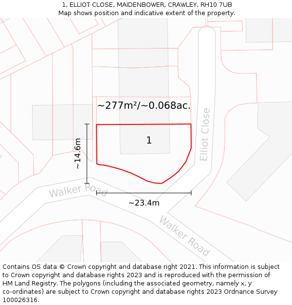 1, ELLIOT CLOSE, MAIDENBOWER, CRAWLEY, RH10 7UB: Plot and title map
