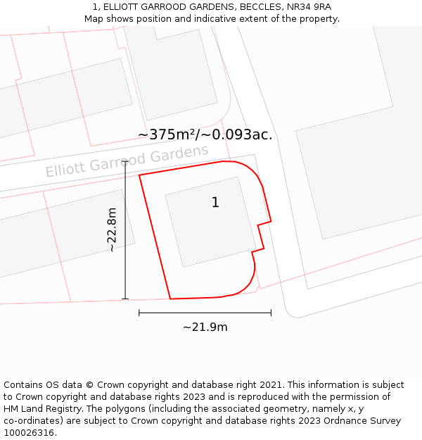 1, ELLIOTT GARROOD GARDENS, BECCLES, NR34 9RA: Plot and title map
