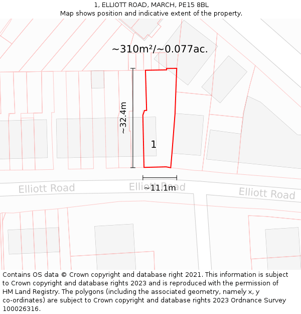 1, ELLIOTT ROAD, MARCH, PE15 8BL: Plot and title map