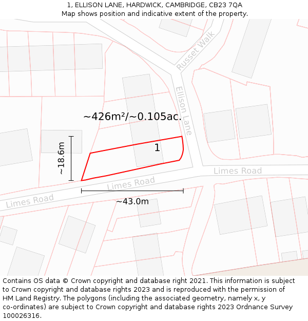 1, ELLISON LANE, HARDWICK, CAMBRIDGE, CB23 7QA: Plot and title map