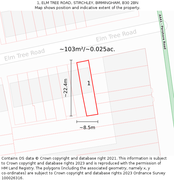 1, ELM TREE ROAD, STIRCHLEY, BIRMINGHAM, B30 2BN: Plot and title map