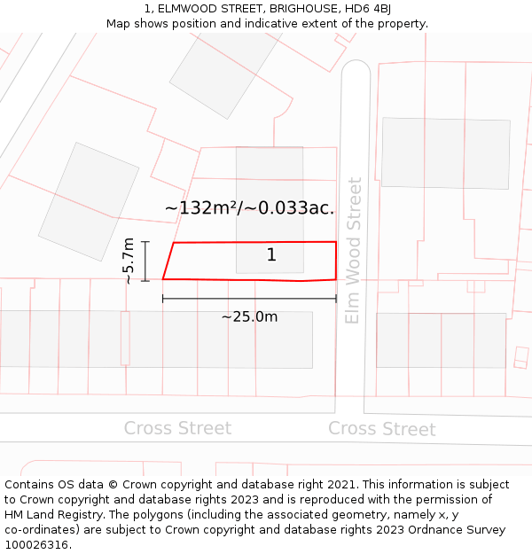 1, ELMWOOD STREET, BRIGHOUSE, HD6 4BJ: Plot and title map