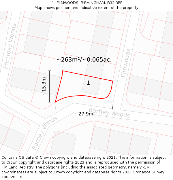 1, ELMWOODS, BIRMINGHAM, B32 3RF: Plot and title map