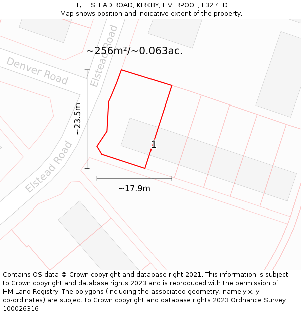 1, ELSTEAD ROAD, KIRKBY, LIVERPOOL, L32 4TD: Plot and title map