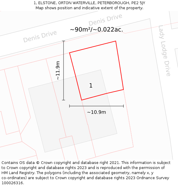 1, ELSTONE, ORTON WATERVILLE, PETERBOROUGH, PE2 5JY: Plot and title map