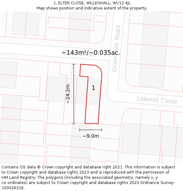 1, ELTER CLOSE, WILLENHALL, WV12 4JL: Plot and title map