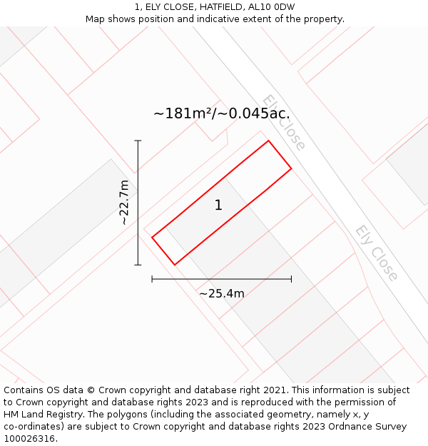 1, ELY CLOSE, HATFIELD, AL10 0DW: Plot and title map