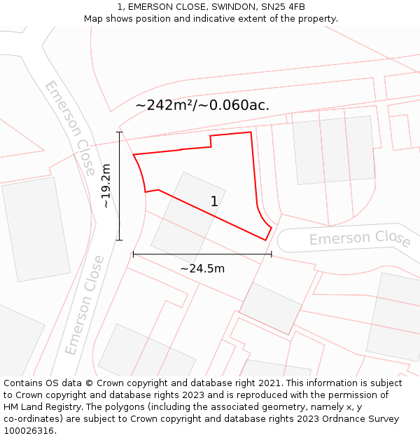 1, EMERSON CLOSE, SWINDON, SN25 4FB: Plot and title map
