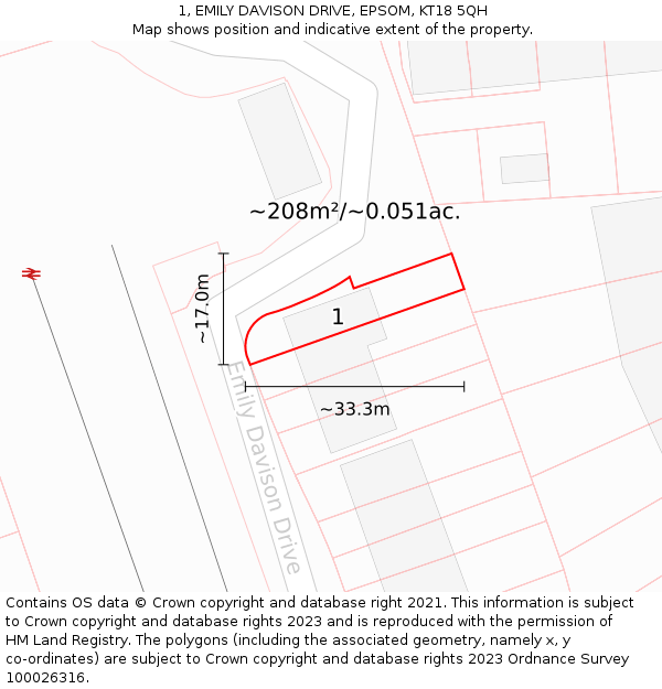 1, EMILY DAVISON DRIVE, EPSOM, KT18 5QH: Plot and title map