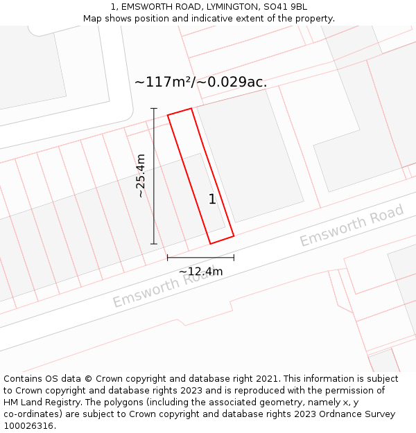 1, EMSWORTH ROAD, LYMINGTON, SO41 9BL: Plot and title map
