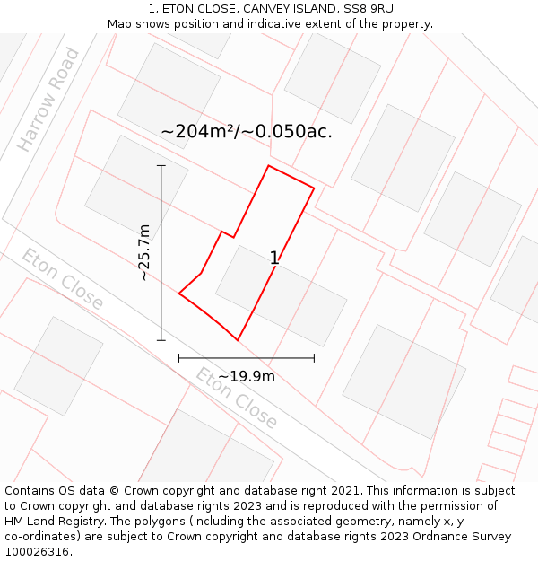 1, ETON CLOSE, CANVEY ISLAND, SS8 9RU: Plot and title map