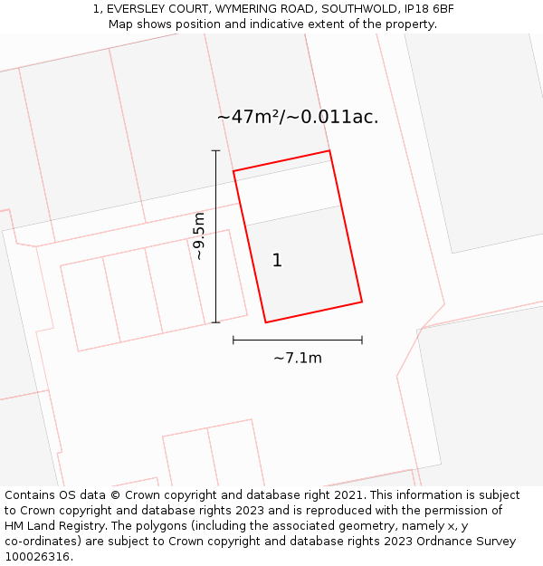 1, EVERSLEY COURT, WYMERING ROAD, SOUTHWOLD, IP18 6BF: Plot and title map