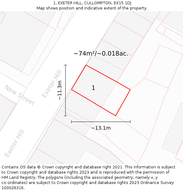 1, EXETER HILL, CULLOMPTON, EX15 1DJ: Plot and title map