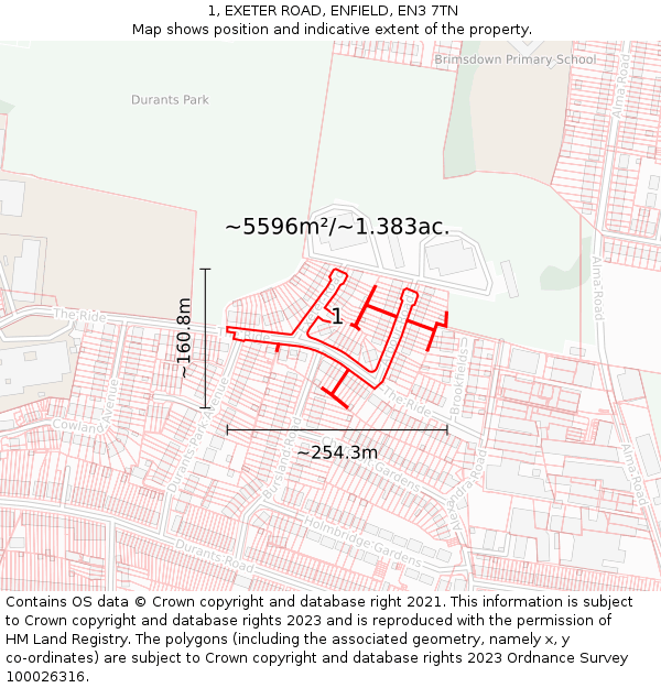 1, EXETER ROAD, ENFIELD, EN3 7TN: Plot and title map
