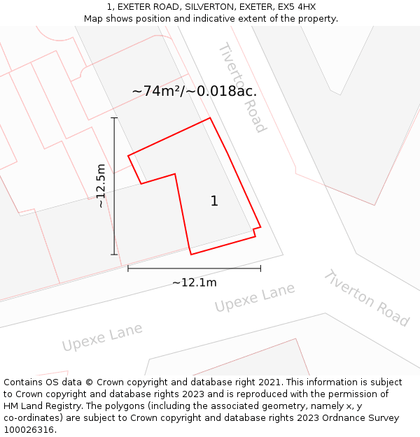 1, EXETER ROAD, SILVERTON, EXETER, EX5 4HX: Plot and title map