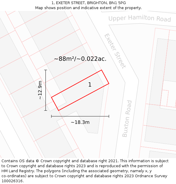1, EXETER STREET, BRIGHTON, BN1 5PG: Plot and title map