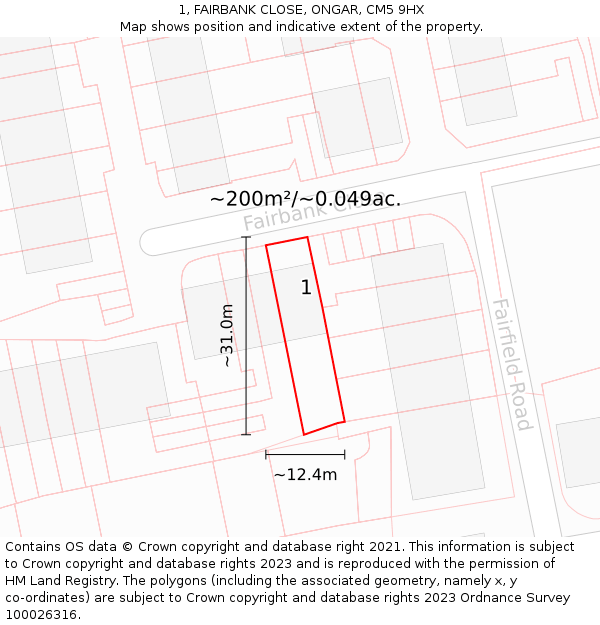 1, FAIRBANK CLOSE, ONGAR, CM5 9HX: Plot and title map