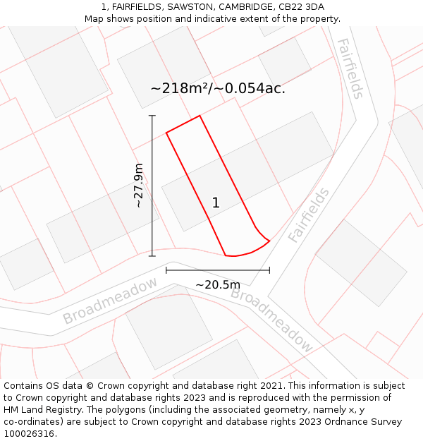 1, FAIRFIELDS, SAWSTON, CAMBRIDGE, CB22 3DA: Plot and title map