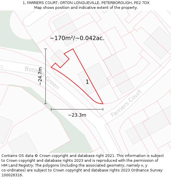 1, FARRIERS COURT, ORTON LONGUEVILLE, PETERBOROUGH, PE2 7DX: Plot and title map